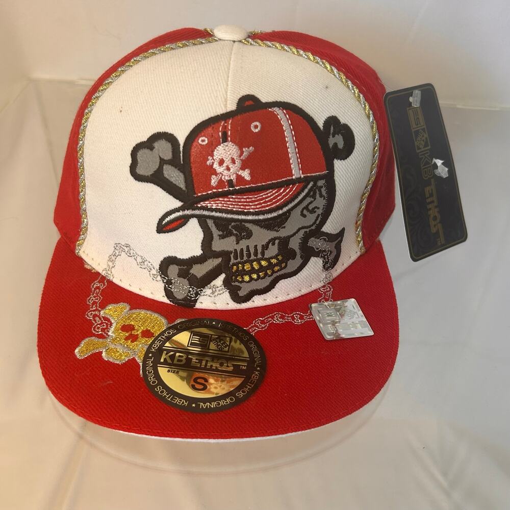 KB Ethos Skull & Crossbones Snapback Hat Red White Gold Rhinestone Pirate Cap